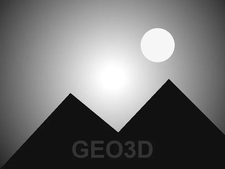 Greyscale picture of two dark mountains under a bright sky and sun